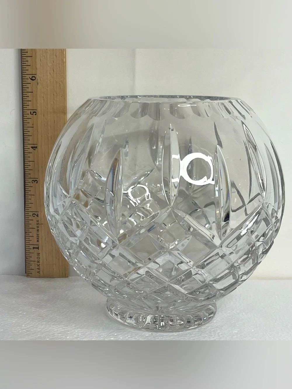VTG Cut Crystal Rose Bowl Vase Diamond Fan Pattern Round Footed Scalloped Heavy